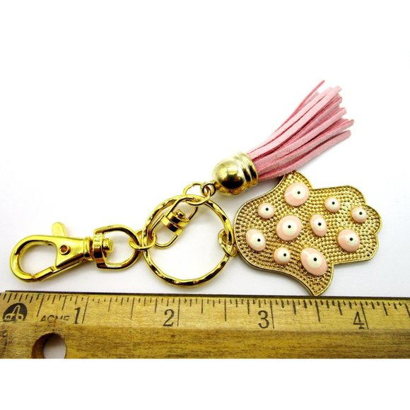 Gold tone pink evil eye hamsa charm key chain - pink leather tassel purse charm - Picture 4 of 5